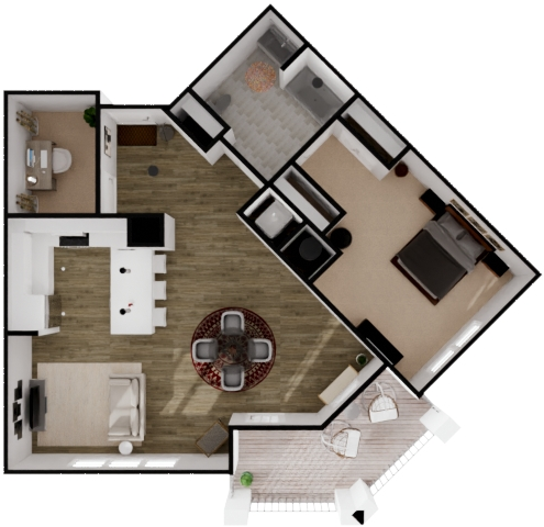 Floor plan for 1 bed, 1 bath, 1078 sqft